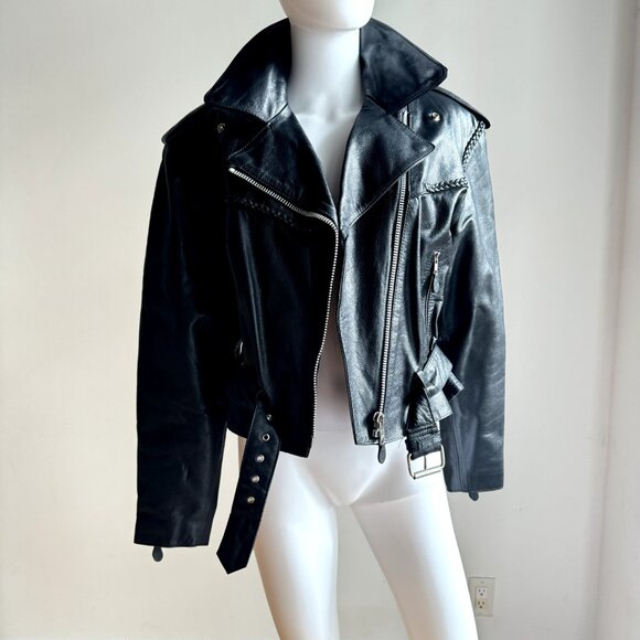 Vintage Black Leather Braided Detail Motorcycle Jacket M/L - Picture 4 of 10